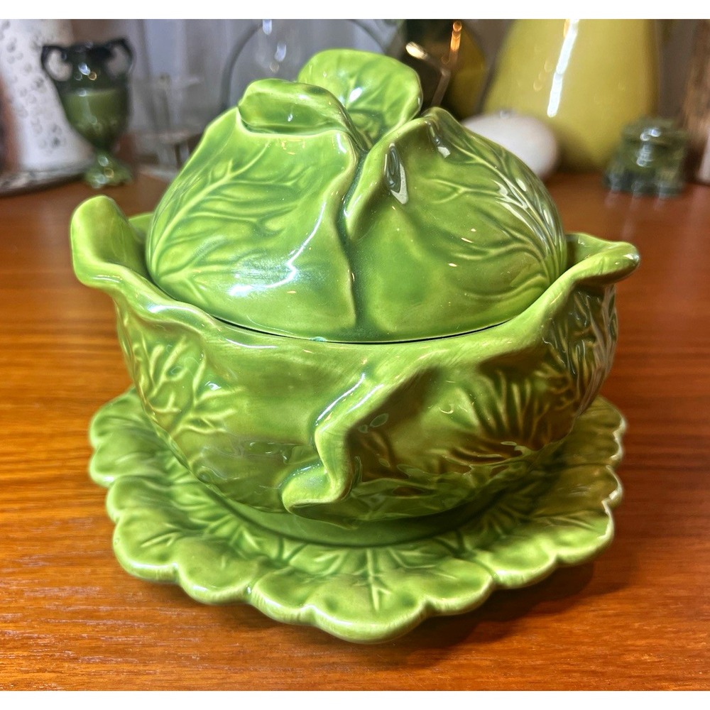 Vintage Holland Mold Green Leaf Ceramic Lidded Bowl w/ Matching Plate (3pc Set)